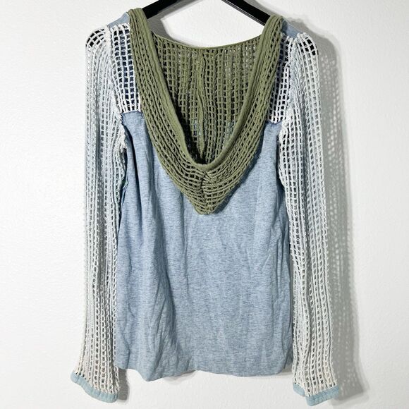 We The Free Shirt Large Grunge Netted Hooded Top Mix Media Hippie Hobo Boho - Picture 2 of 7